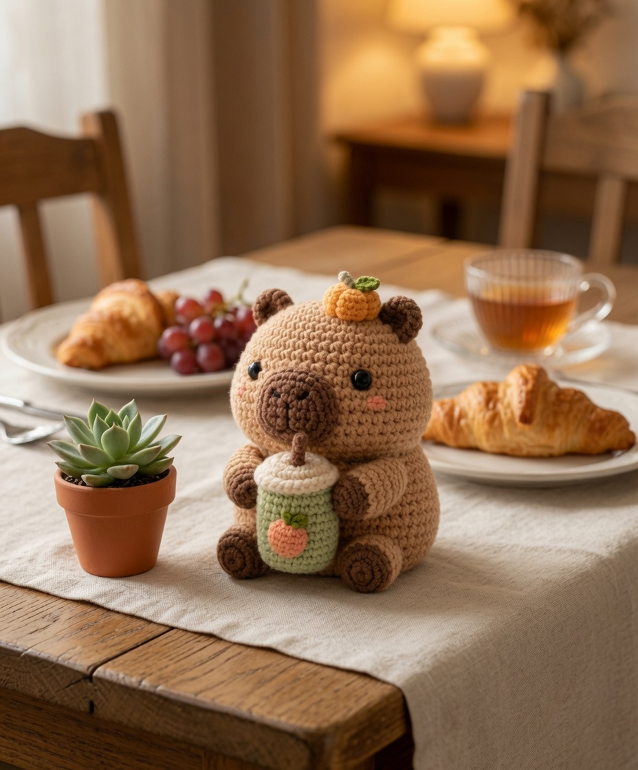 Handmade Crochet Capybara with Boba Tea – Cute Amigurumi Plush Gift