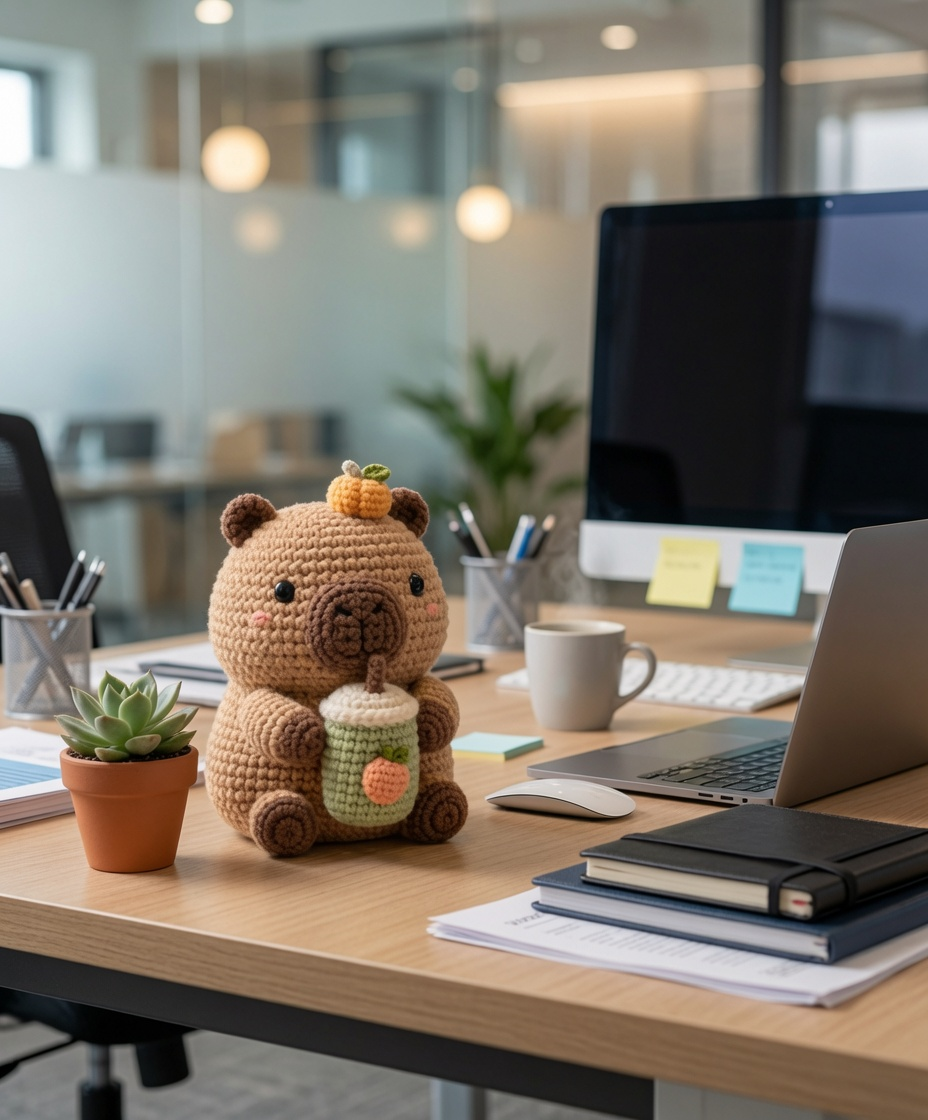 Handmade Crochet Capybara with Boba Tea – Cute Amigurumi Plush Gift