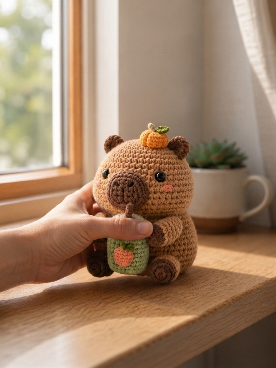 Handmade Crochet Capybara with Boba Tea – Cute Amigurumi Plush Gift