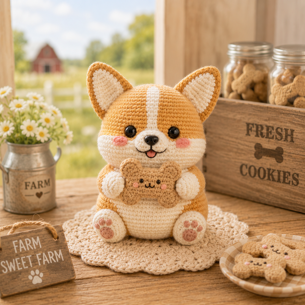 Handmade Crochet Corgi with Bone Cookie – Cute Amigurumi Plush Gift