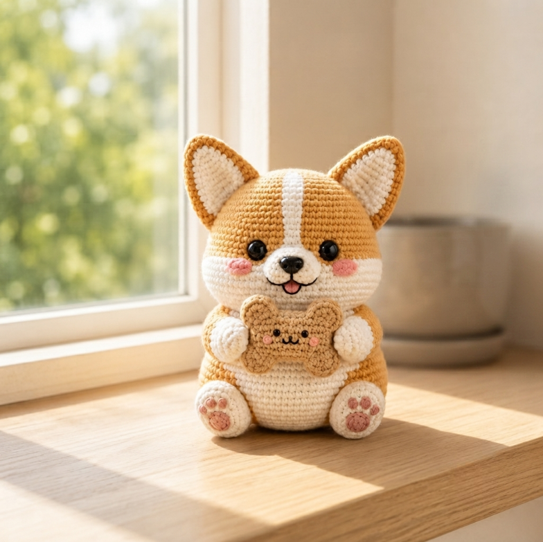 Handmade Crochet Corgi with Bone Cookie – Cute Amigurumi Plush Gift