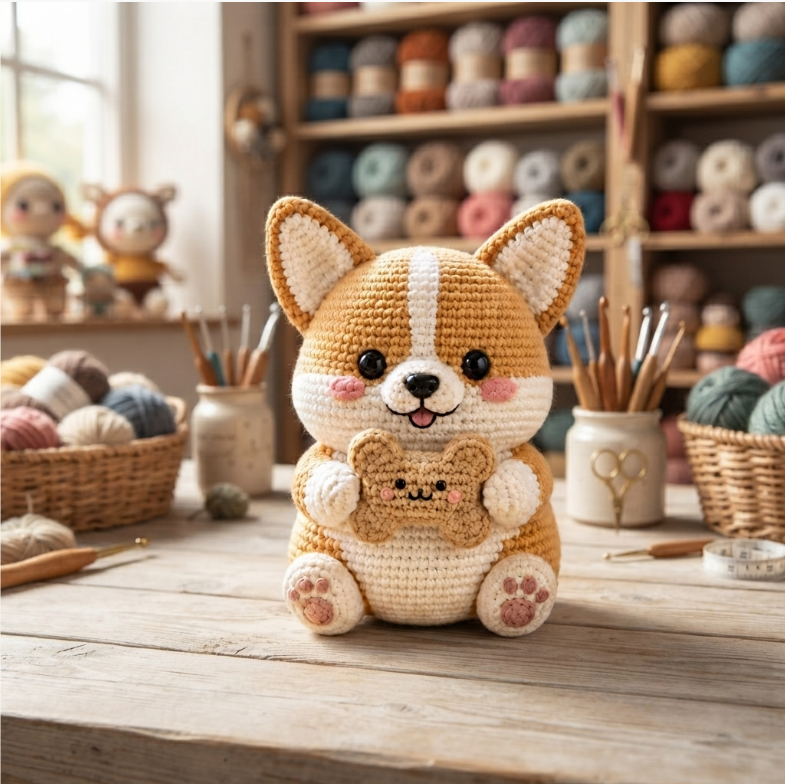Handmade Crochet Corgi with Bone Cookie – Cute Amigurumi Plush Gift