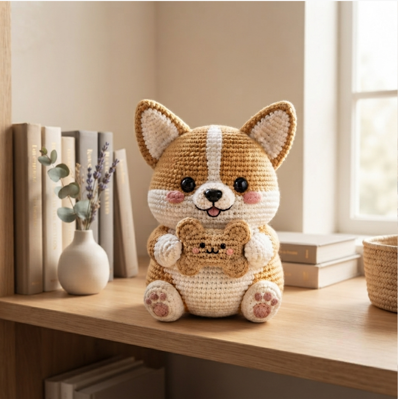 Handmade Crochet Corgi with Bone Cookie – Cute Amigurumi Plush Gift