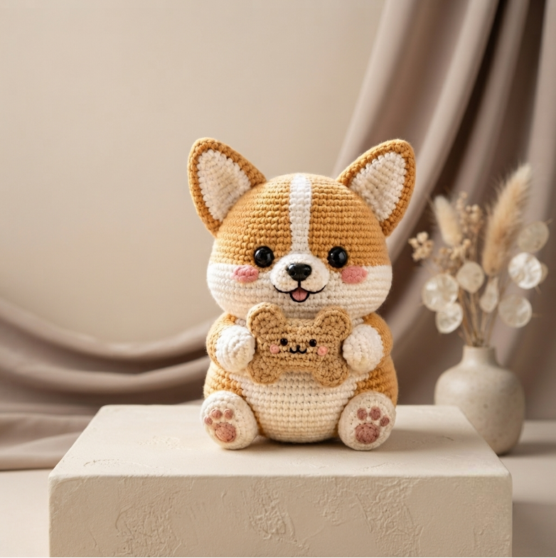 Handmade Crochet Corgi with Bone Cookie – Cute Amigurumi Plush Gift