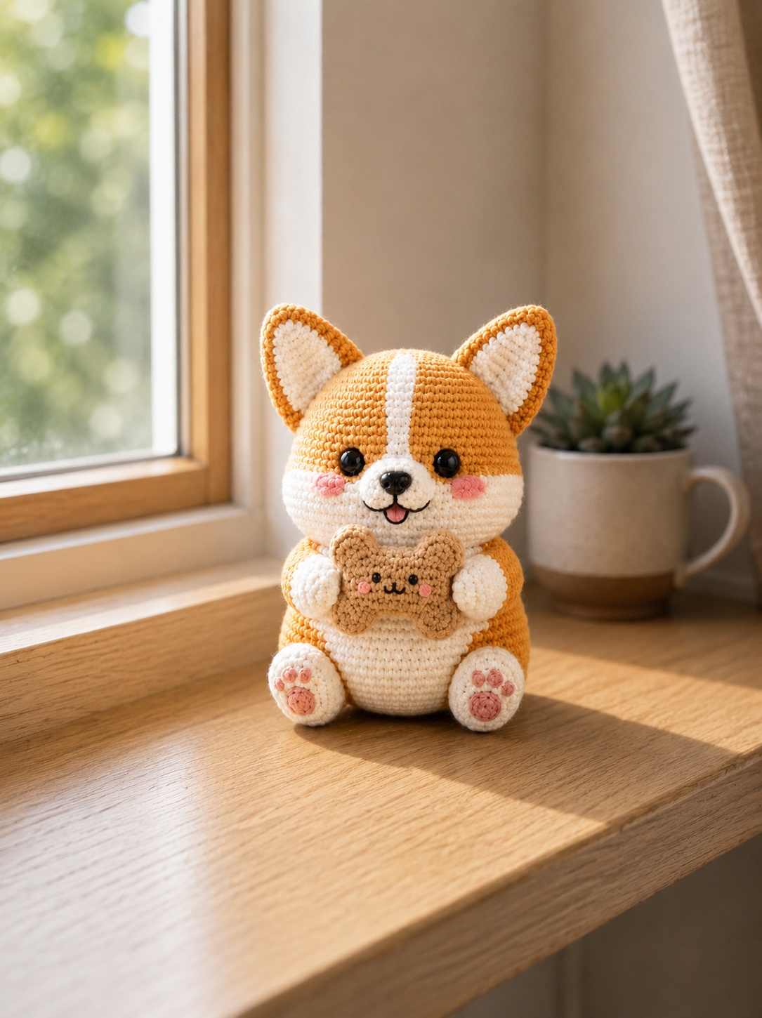 Handmade Crochet Corgi with Bone Cookie – Cute Amigurumi Plush Gift