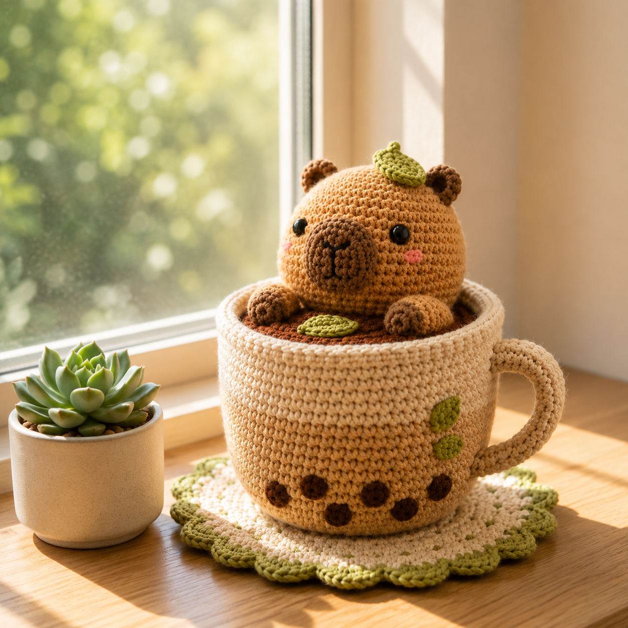 Handmade Crochet Capybara in Teacup – Cozy Amigurumi Desk Decor