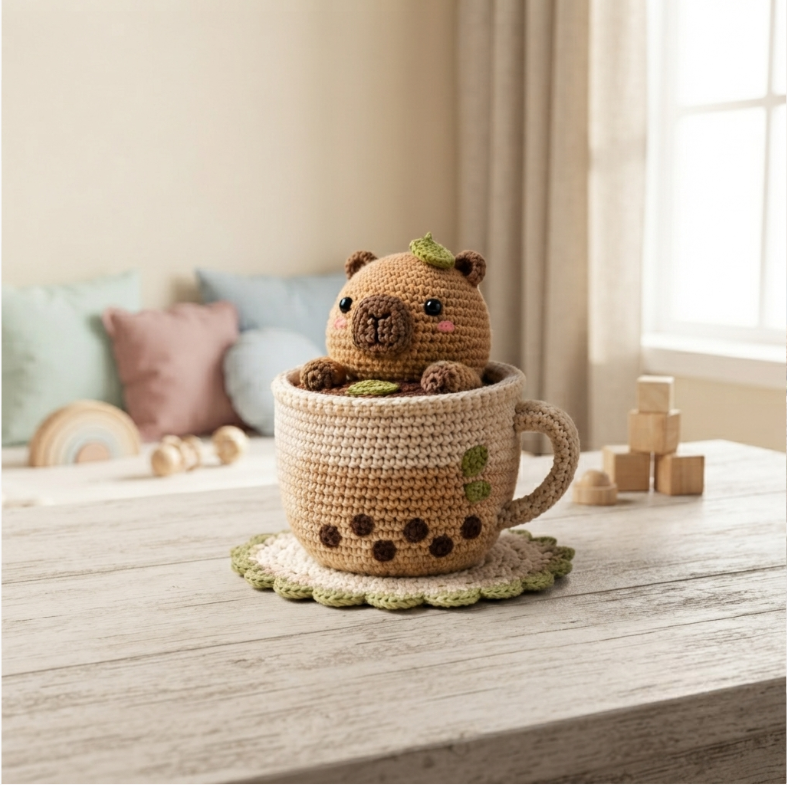 Handmade Crochet Capybara in Teacup – Cozy Amigurumi Desk Decor