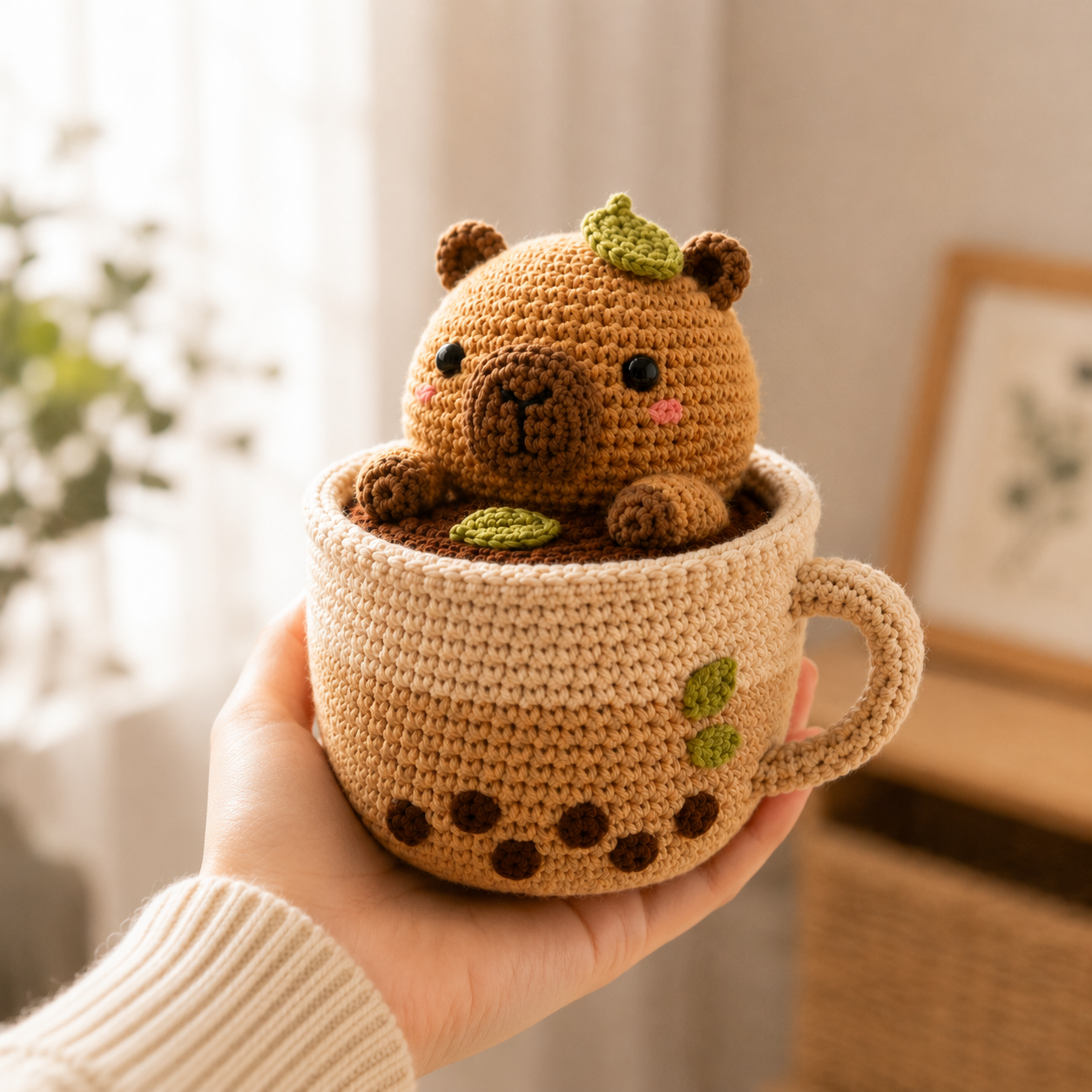 Handmade Crochet Capybara in Teacup – Cozy Amigurumi Desk Decor