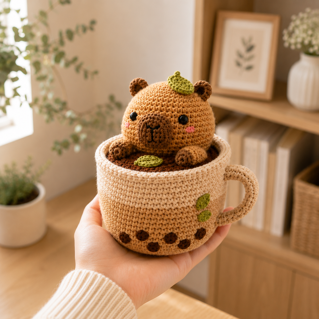 Handmade Crochet Capybara in Teacup – Cozy Amigurumi Desk Decor
