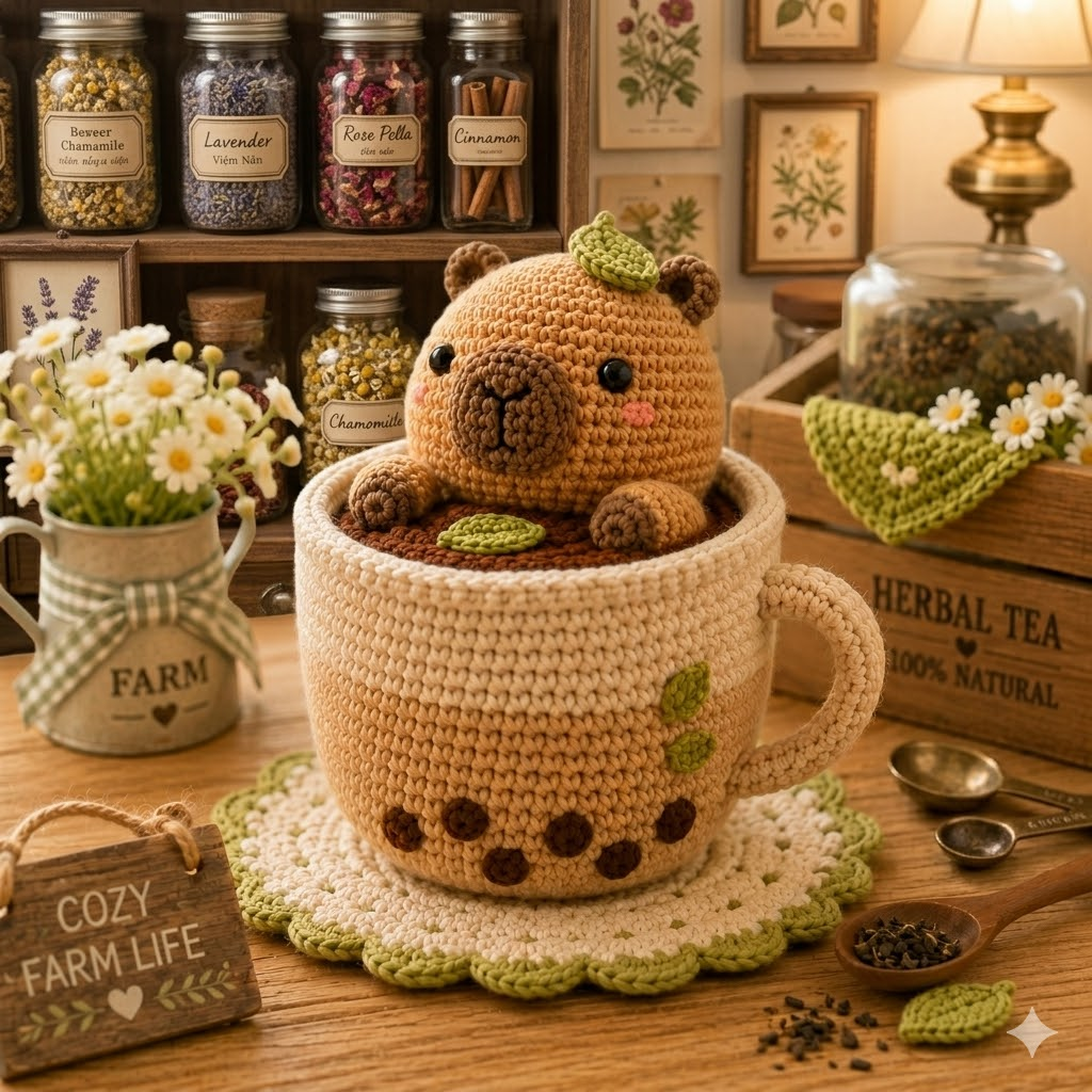 Handmade Crochet Capybara in Teacup – Cozy Amigurumi Desk Decor
