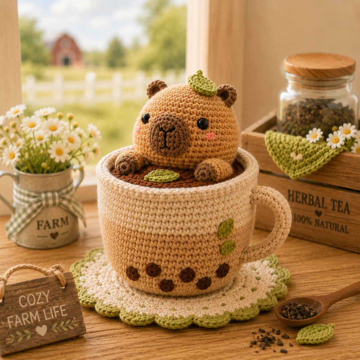 Handmade Crochet Capybara in Teacup – Cozy Amigurumi Desk Decor