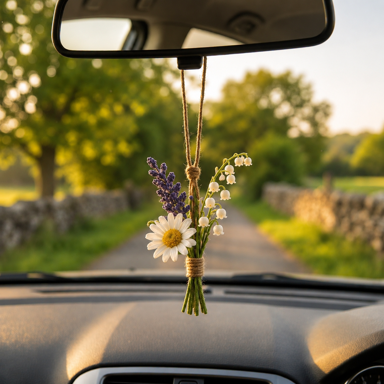Crochet Floral Car Charm – Lily of the Valley & Daisy Mirror Decor