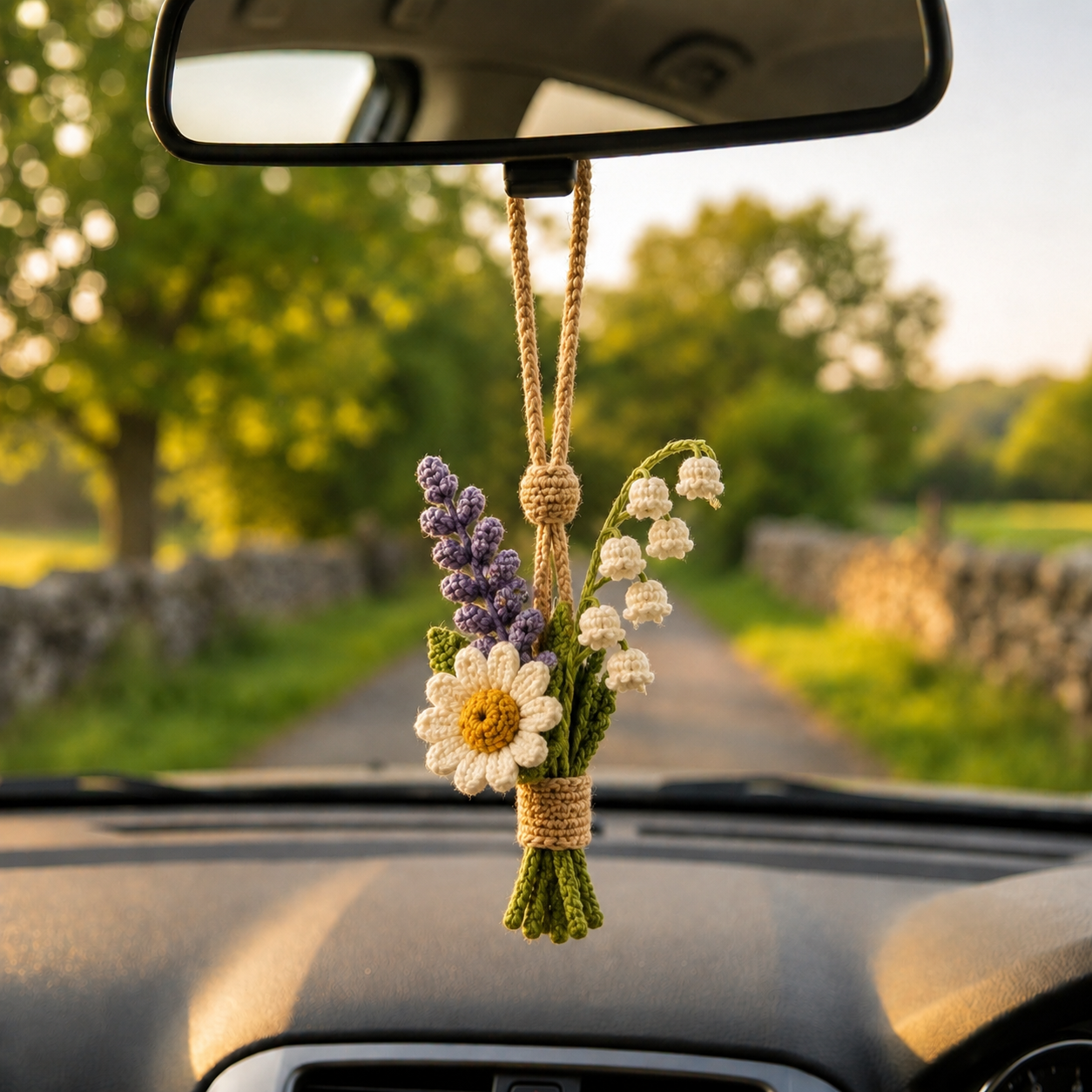 Crochet Floral Car Charm – Lily of the Valley & Daisy Mirror Decor