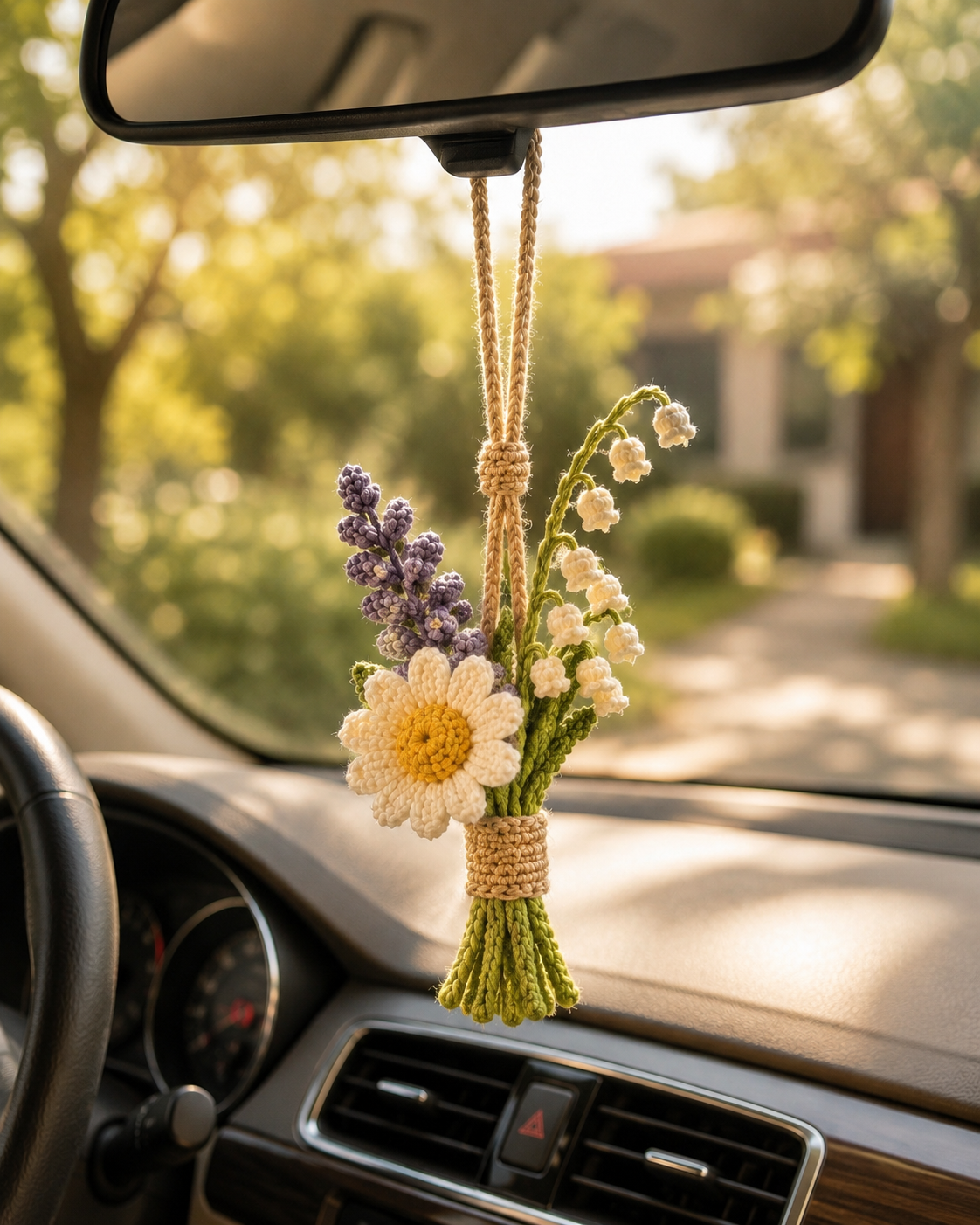 Crochet Floral Car Charm – Lily of the Valley & Daisy Mirror Decor