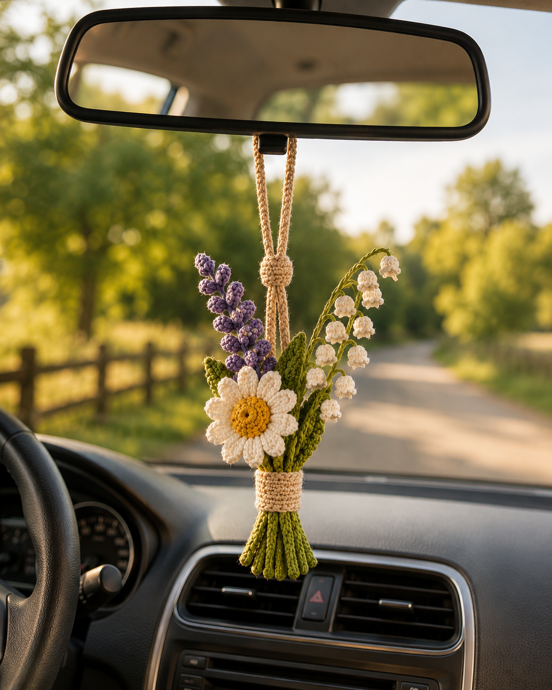 Crochet Floral Car Charm – Lily of the Valley & Daisy Mirror Decor