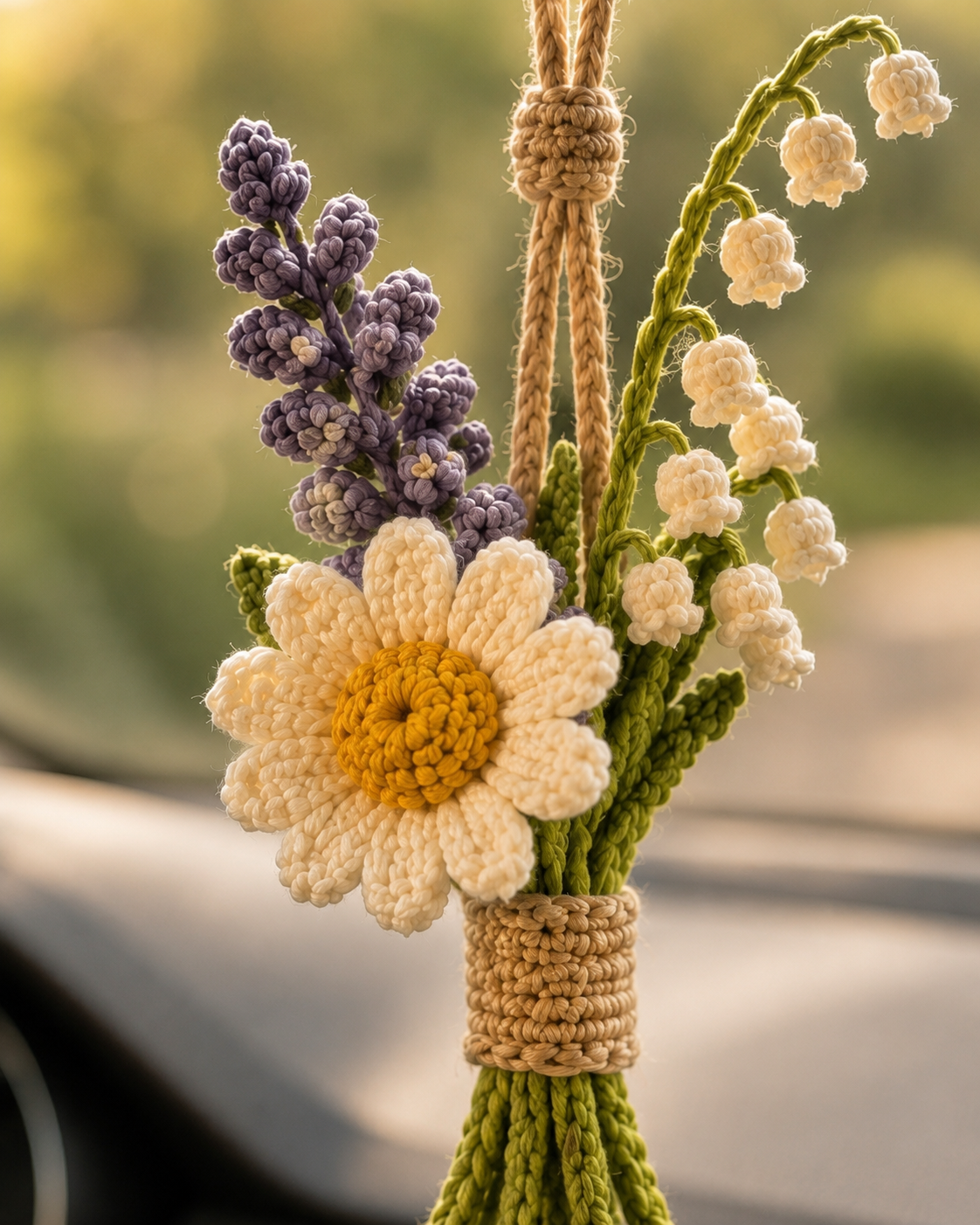Crochet Floral Car Charm – Lily of the Valley & Daisy Mirror Decor