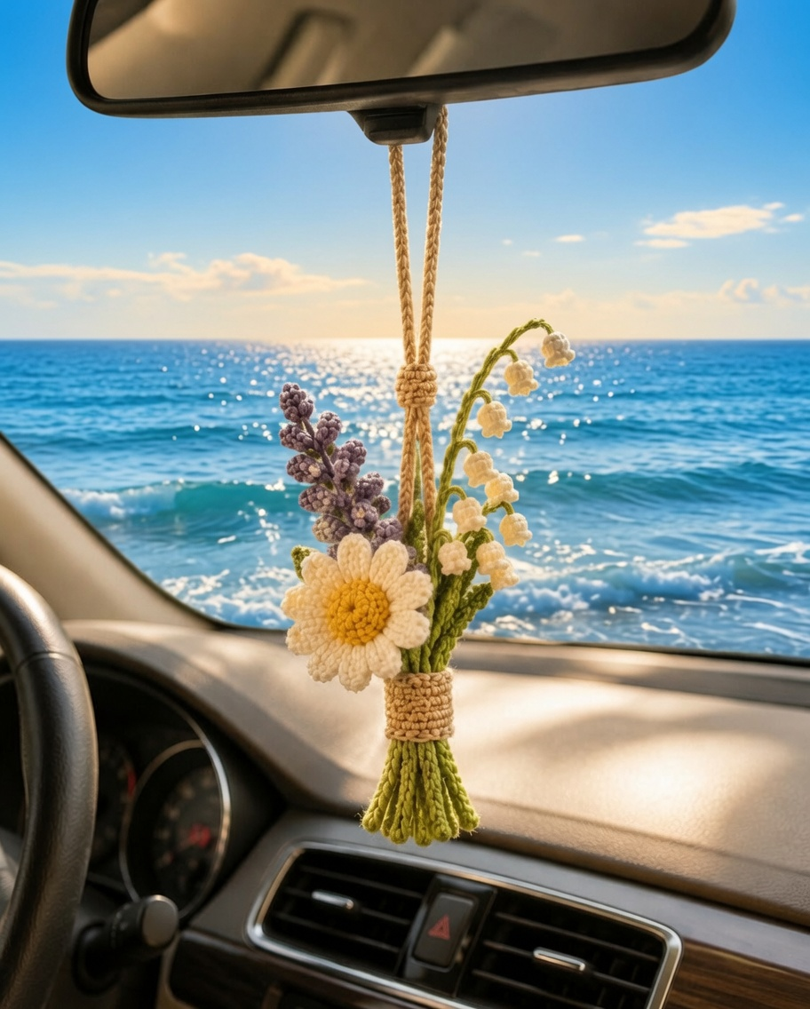 Crochet Floral Car Charm – Lily of the Valley & Daisy Mirror Decor
