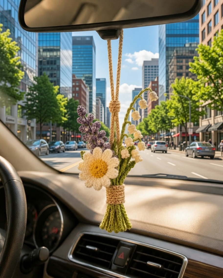 Crochet Floral Car Charm – Lily of the Valley & Daisy Mirror Decor