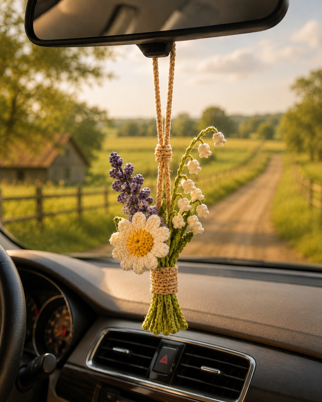 Crochet Floral Car Charm – Lily of the Valley & Daisy Mirror Decor