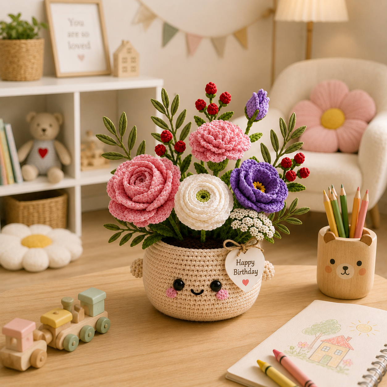 Handmade Crochet Birthday Flower Basket – Personalized Floral Gift