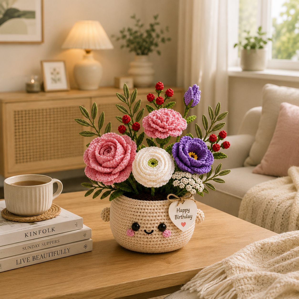 Handmade Crochet Birthday Flower Basket – Personalized Floral Gift