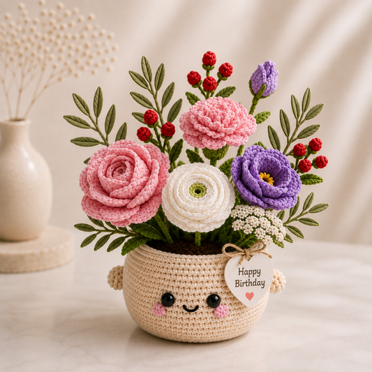 Handmade Crochet Birthday Flower Basket – Personalized Floral Gift