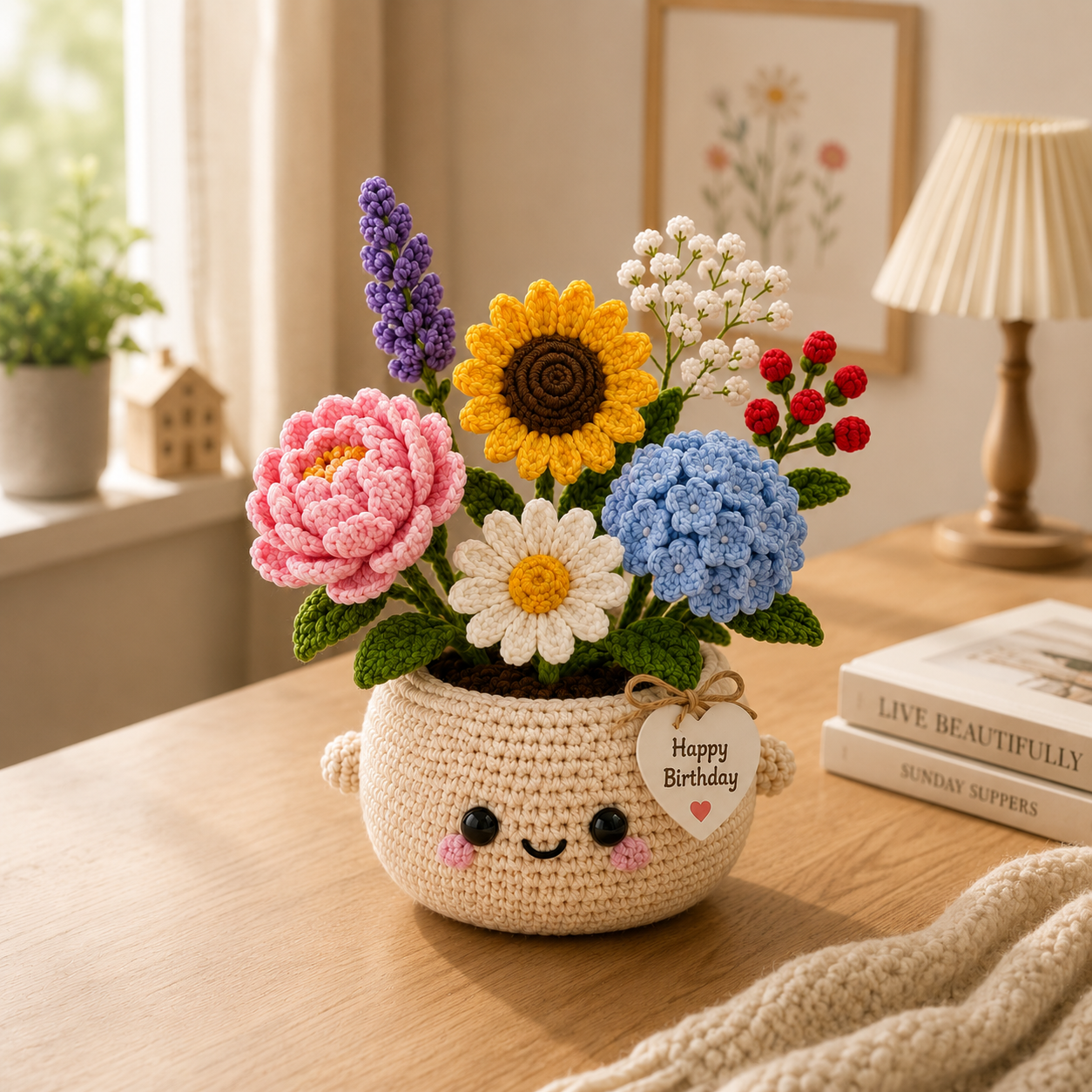 Handmade Crochet Birthday Flower Basket – Sunflower & Hydrangea Bouquet