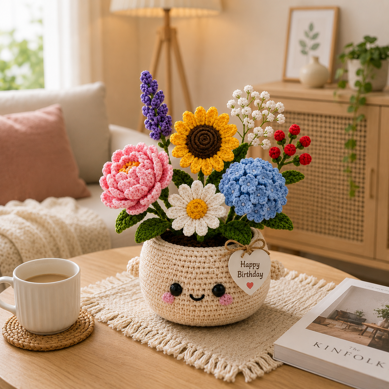 Handmade Crochet Birthday Flower Basket – Sunflower & Hydrangea Bouquet