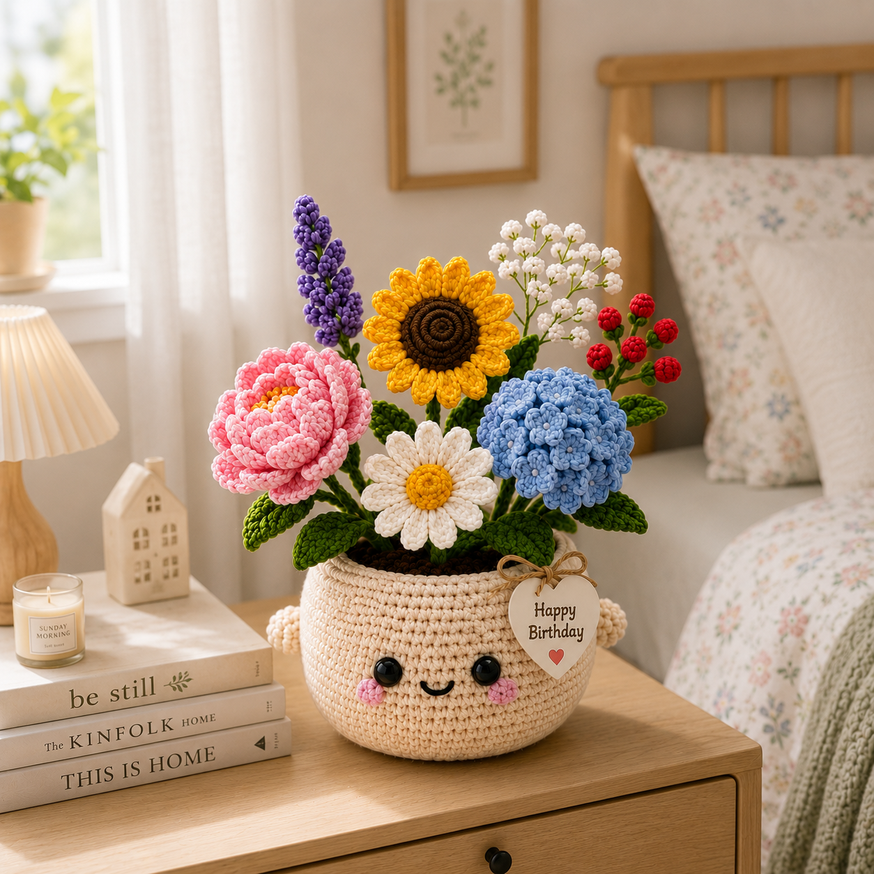 Handmade Crochet Birthday Flower Basket – Sunflower & Hydrangea Bouquet