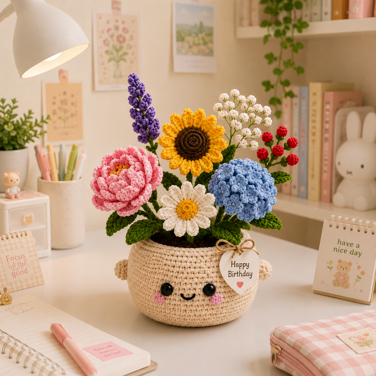 Handmade Crochet Birthday Flower Basket – Sunflower & Hydrangea Bouquet