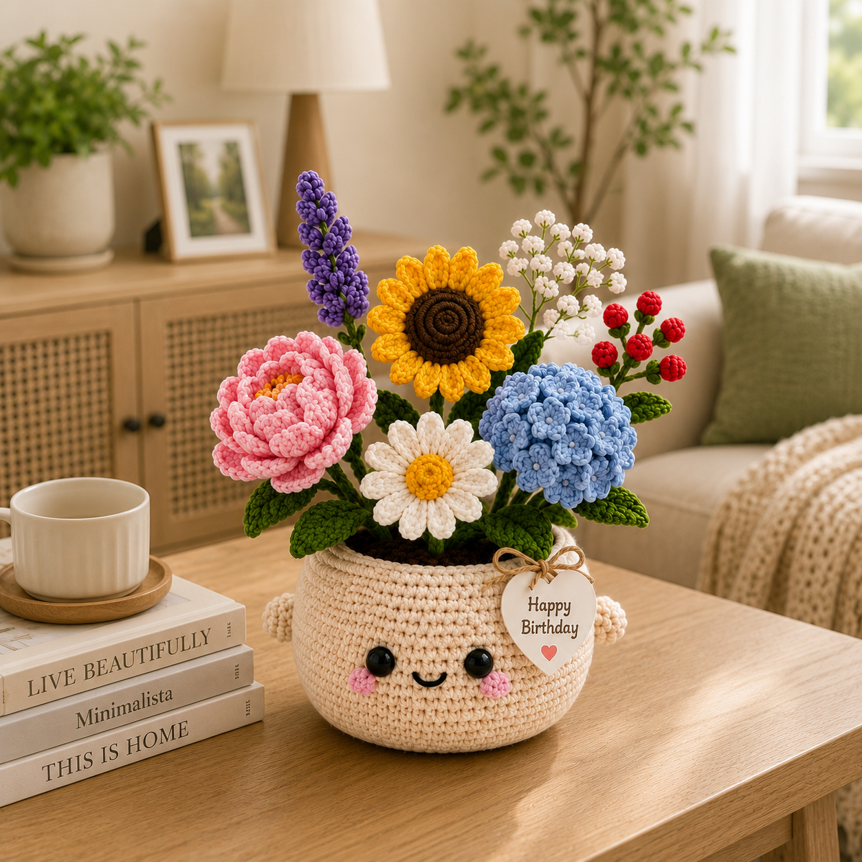Handmade Crochet Birthday Flower Basket – Sunflower & Hydrangea Bouquet