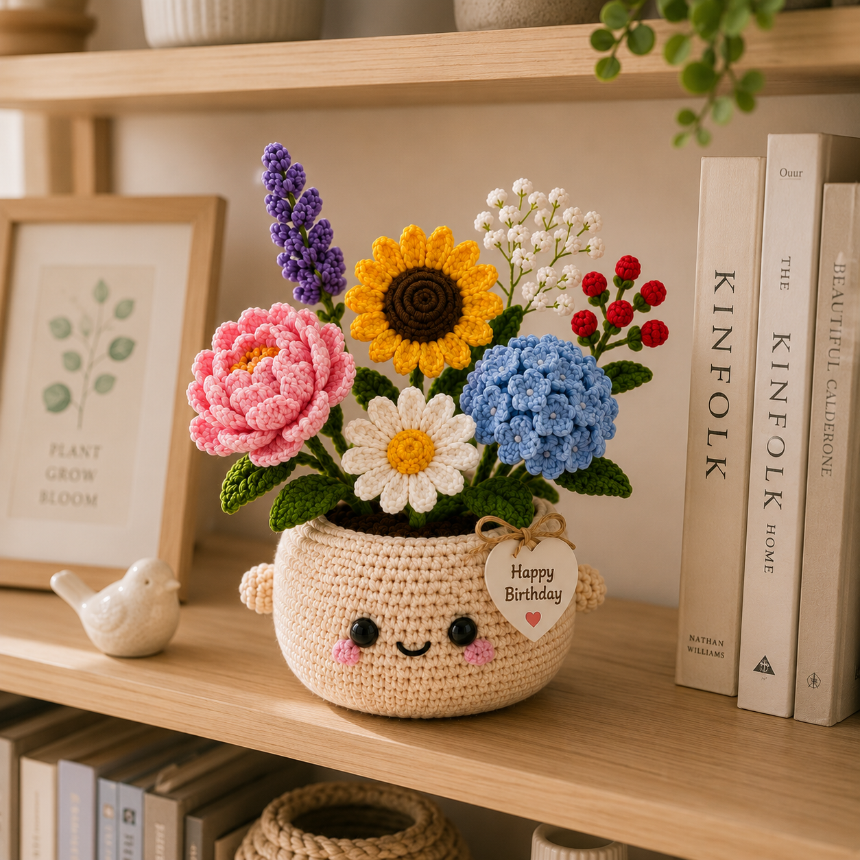 Handmade Crochet Birthday Flower Basket – Sunflower & Hydrangea Bouquet