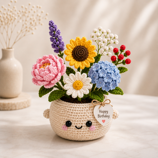 Handmade Crochet Birthday Flower Basket – Sunflower & Hydrangea Bouquet