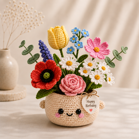 Handmade Crochet Birthday Flower Basket – Tulip & Wildflower Bouquet