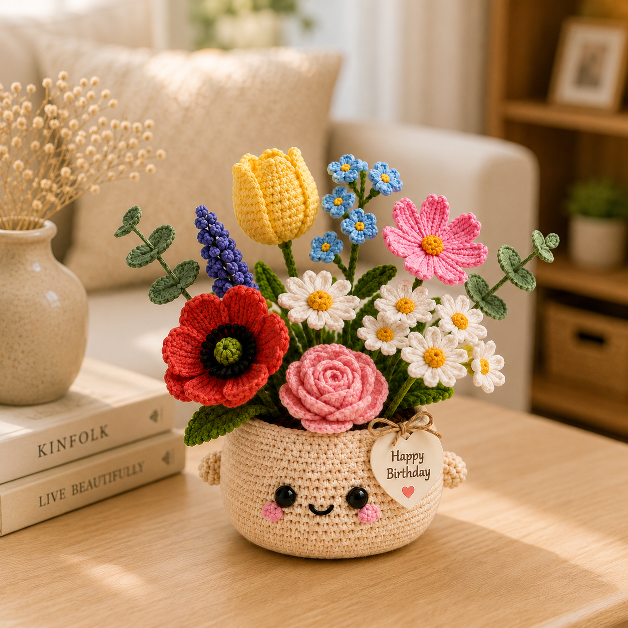 Handmade Crochet Birthday Flower Basket – Tulip & Wildflower Bouquet