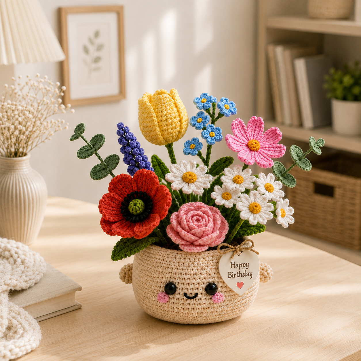 Handmade Crochet Birthday Flower Basket – Tulip & Wildflower Bouquet