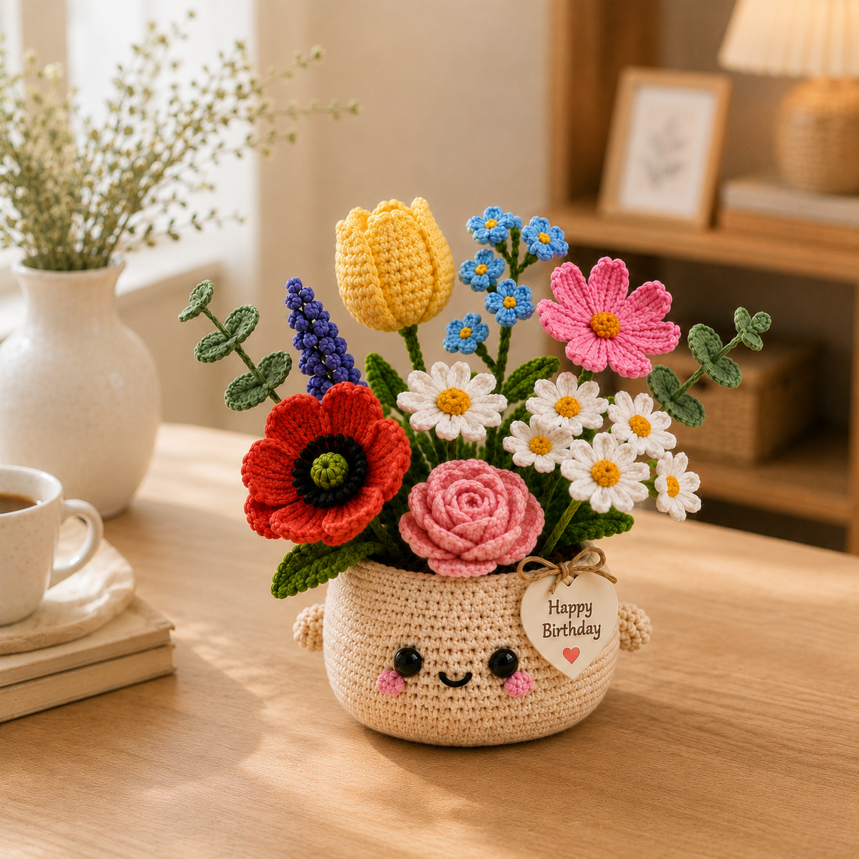 Handmade Crochet Birthday Flower Basket – Tulip & Wildflower Bouquet