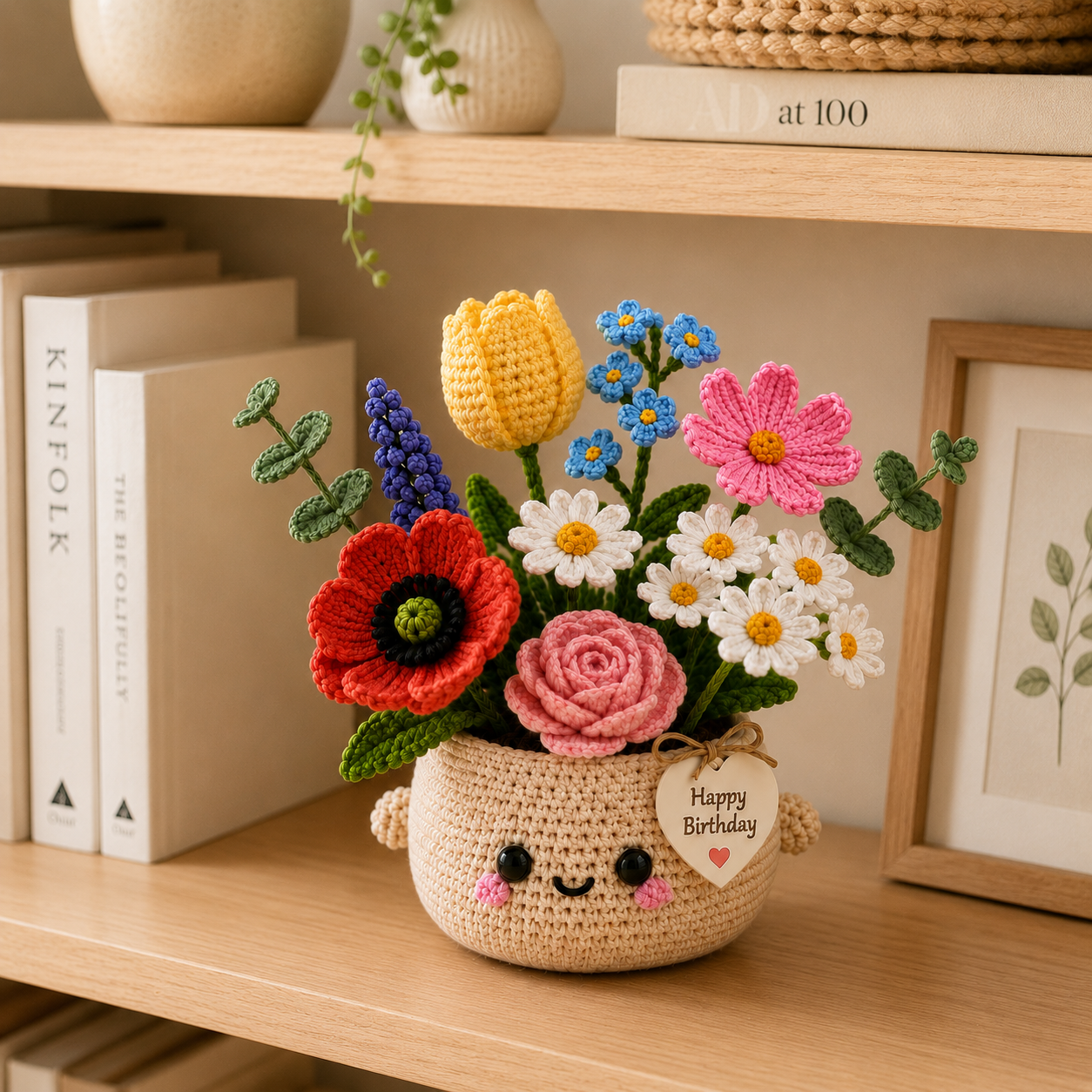 Handmade Crochet Birthday Flower Basket – Tulip & Wildflower Bouquet