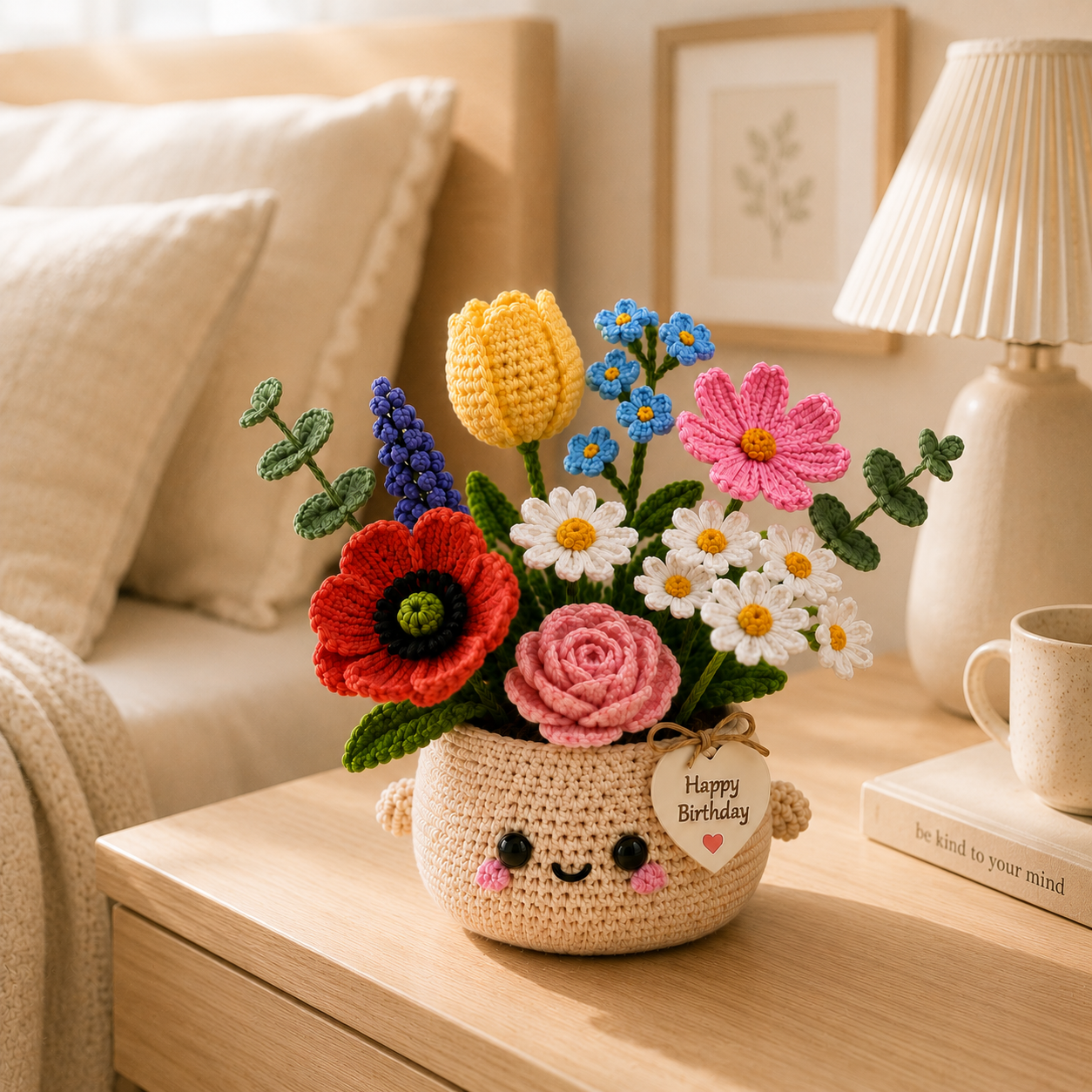 Handmade Crochet Birthday Flower Basket – Tulip & Wildflower Bouquet
