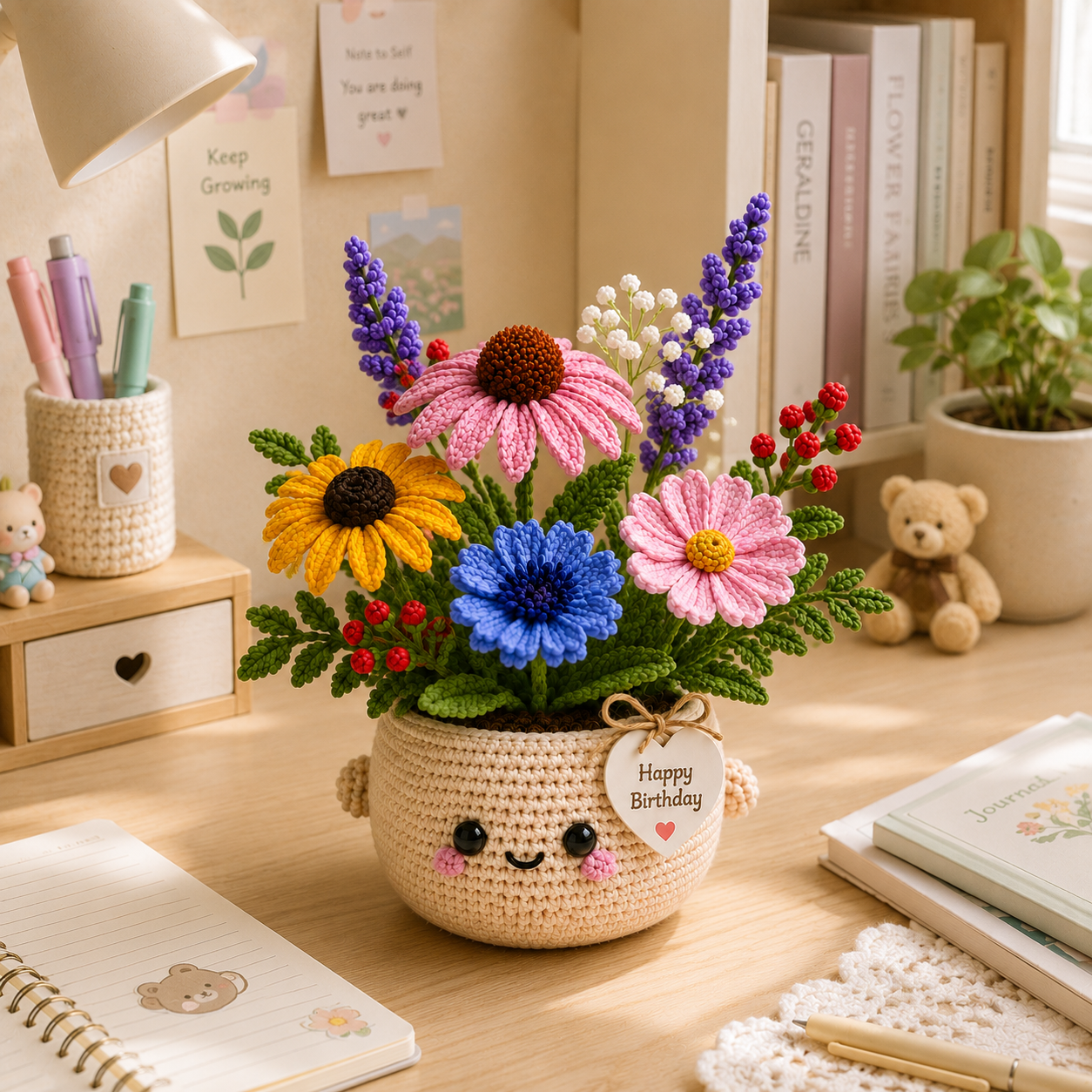 Handmade Crochet Birthday Flower Basket – Wildflower Meadow Bouquet