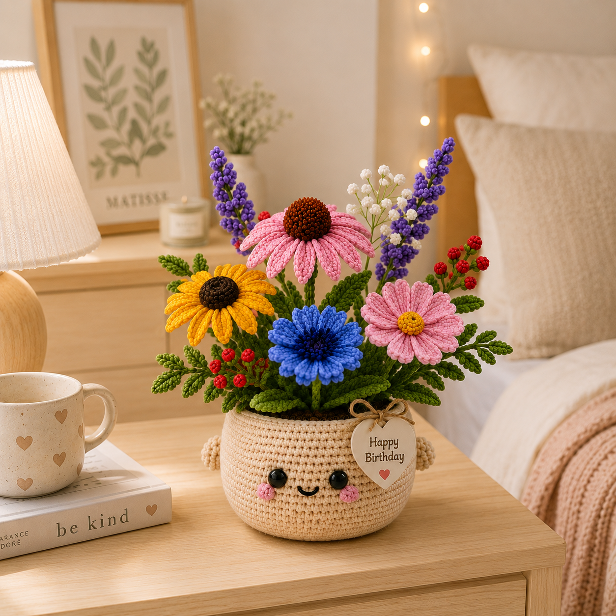 Handmade Crochet Birthday Flower Basket – Wildflower Meadow Bouquet