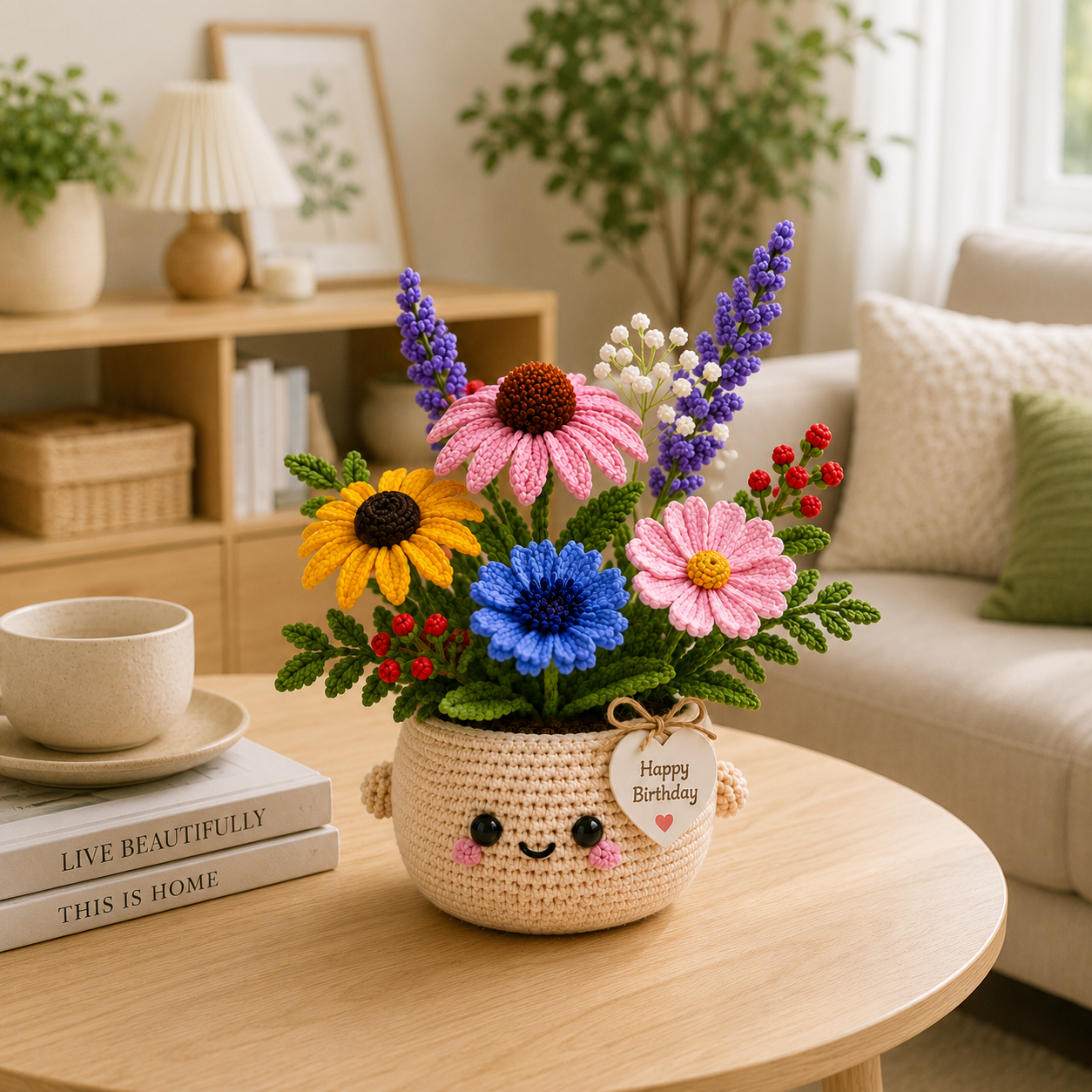 Handmade Crochet Birthday Flower Basket – Wildflower Meadow Bouquet