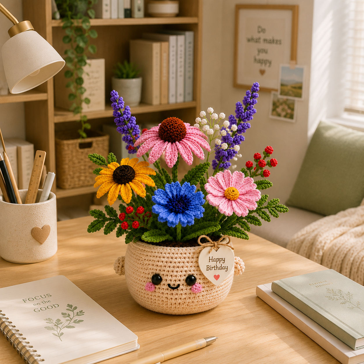 Handmade Crochet Birthday Flower Basket – Wildflower Meadow Bouquet