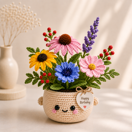 Handmade Crochet Birthday Flower Basket – Wildflower Meadow Bouquet