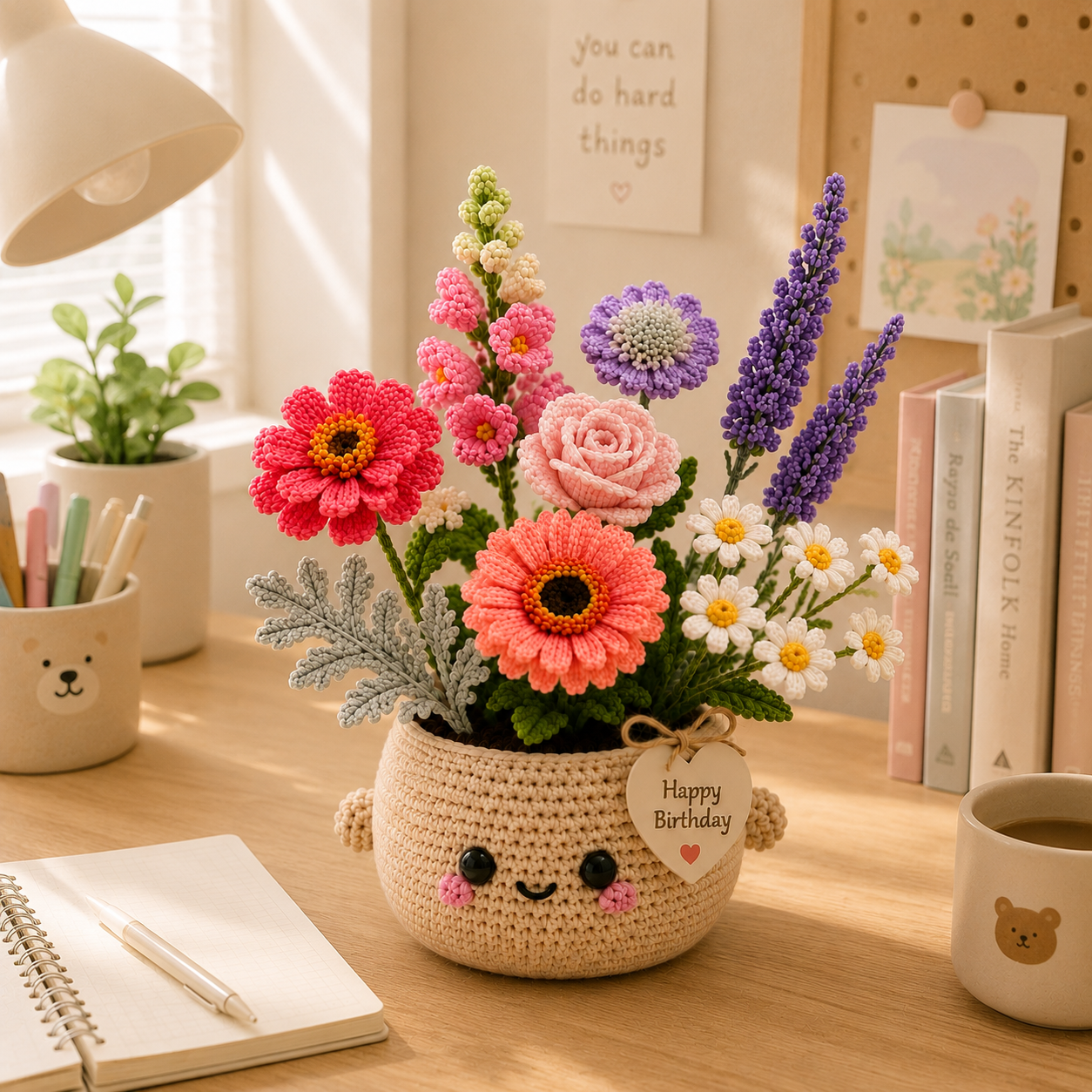 Handmade Crochet Birthday Flower Basket – Gerbera & Lavender Bouquet