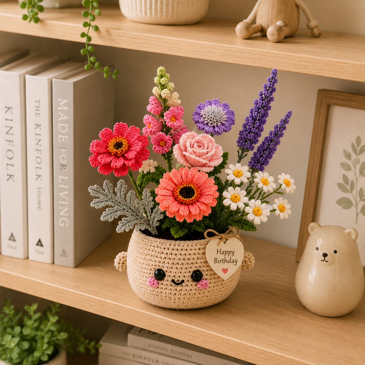 Handmade Crochet Birthday Flower Basket – Gerbera & Lavender Bouquet