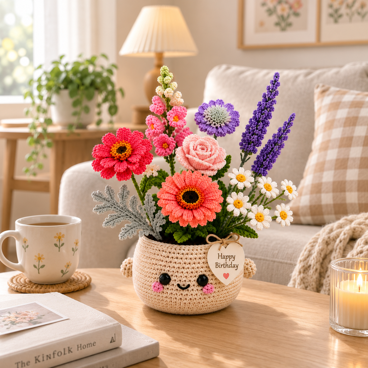 Handmade Crochet Birthday Flower Basket – Gerbera & Lavender Bouquet