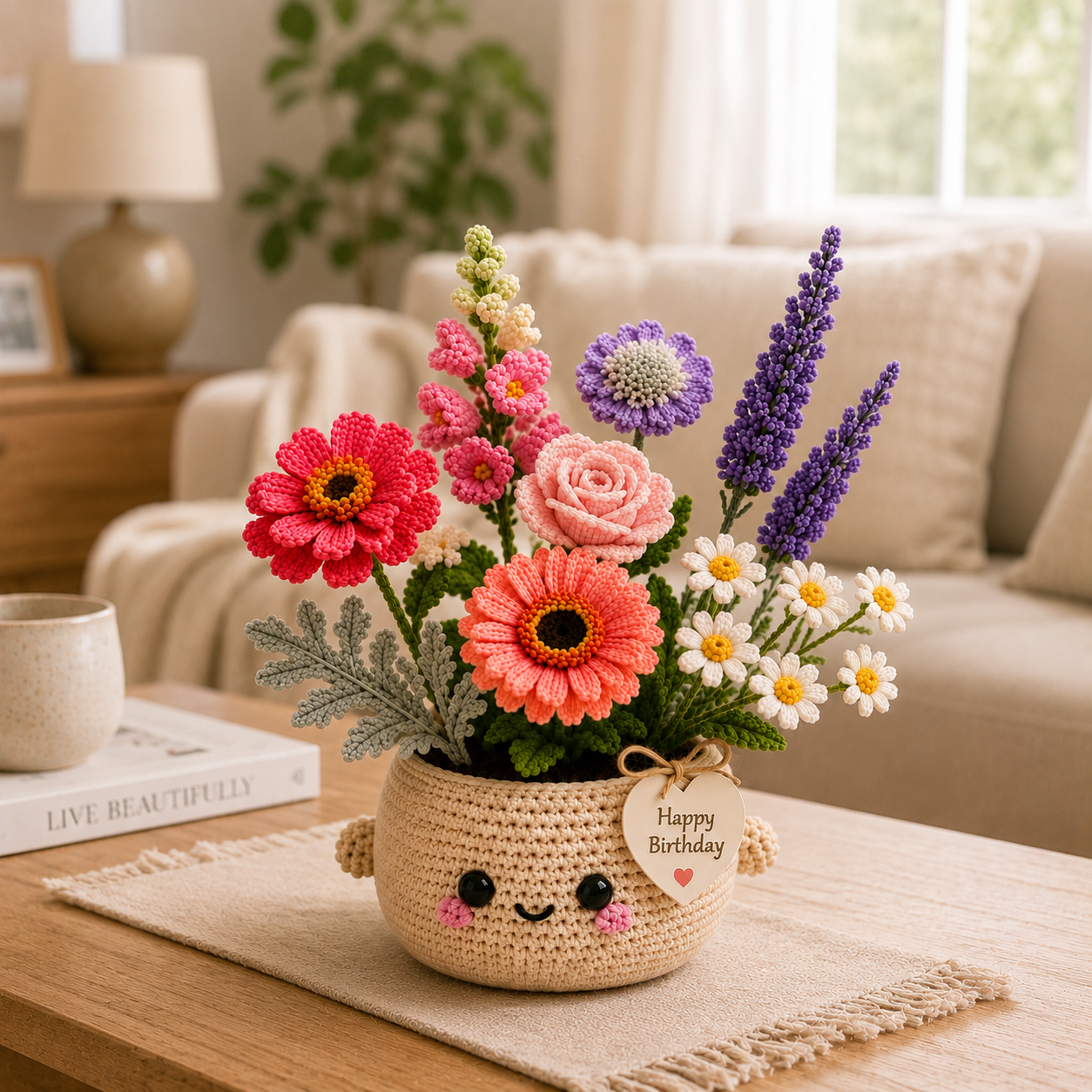 Handmade Crochet Birthday Flower Basket – Gerbera & Lavender Bouquet