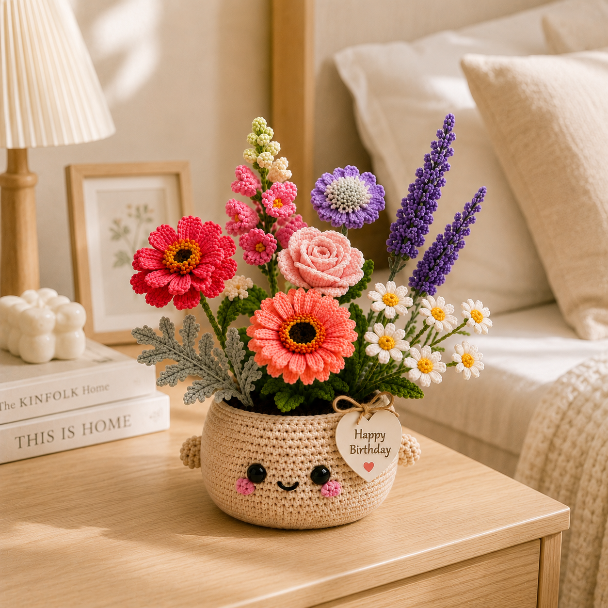 Handmade Crochet Birthday Flower Basket – Gerbera & Lavender Bouquet