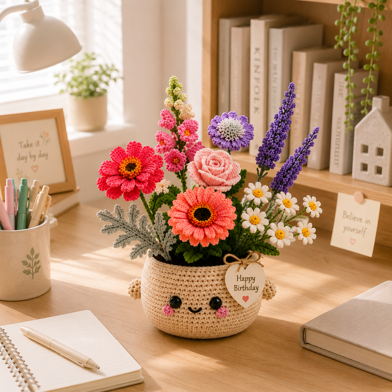 Handmade Crochet Birthday Flower Basket – Gerbera & Lavender Bouquet